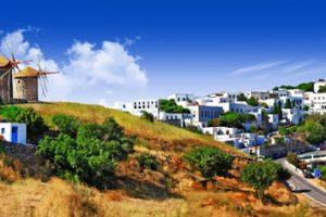 panorama of scenic Patmos island. view of Chora and windmills , Greece, Dodecanese